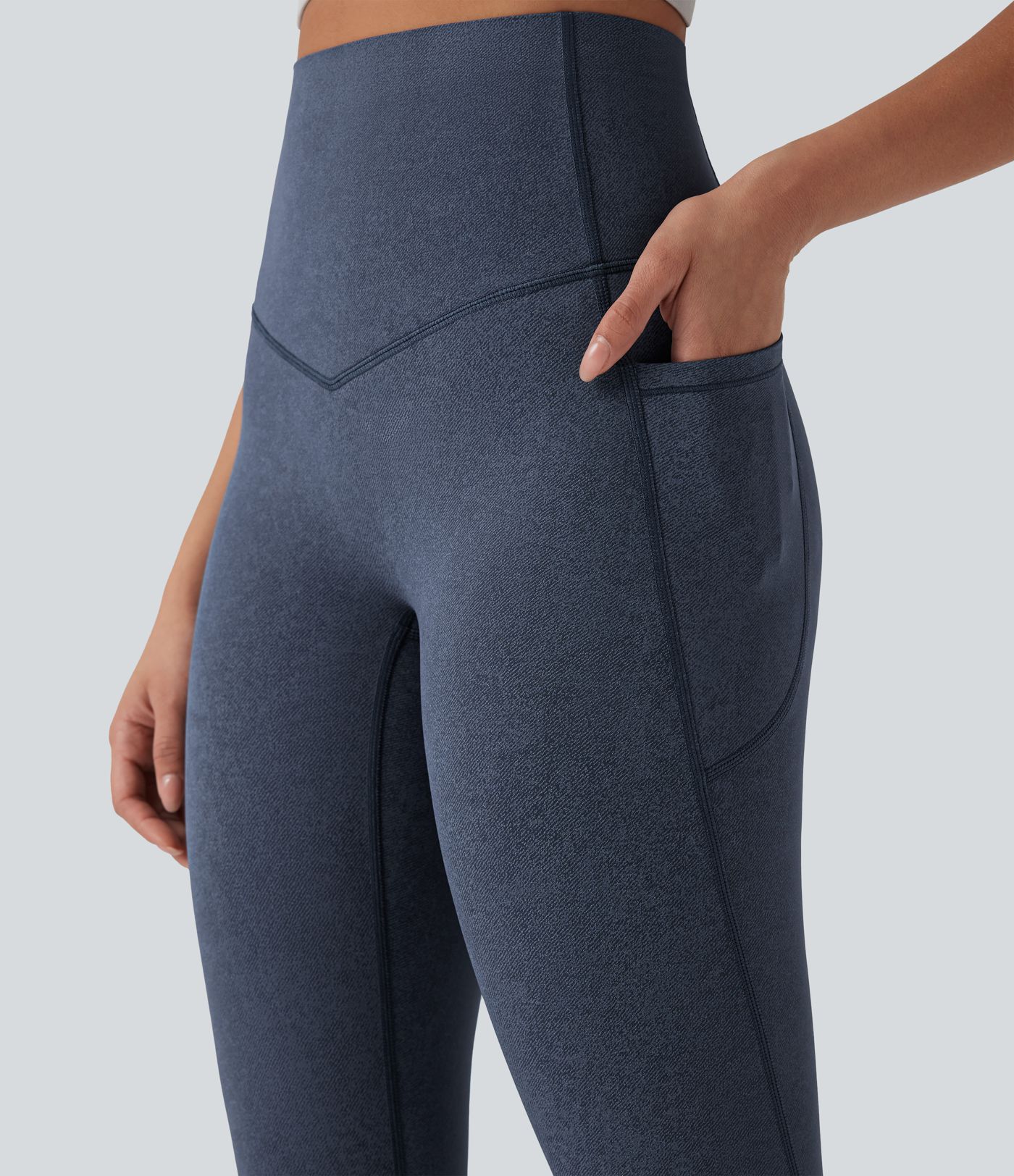 Halara UltraSculpt™ - Yoga-Leggings mit hohem Bund, Seitentaschen, Bauchkontrolle und Denim-Print