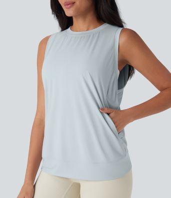 Cool Touch Yoga-Tanktop mit Rundhalsausschnitt und Seitentaschen – UPF 50+