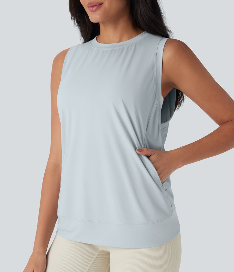 Cool Touch Yoga-Tanktop mit Rundhalsausschnitt und Seitentaschen – UPF 50+