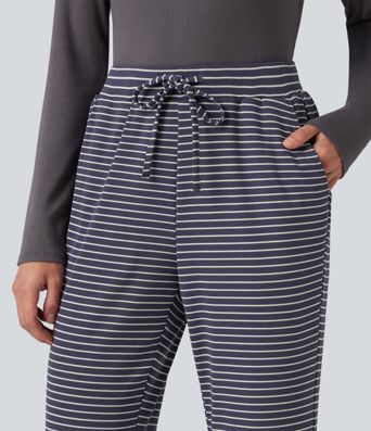 Pantalon bootcut décontracté taille mi-haute en maille côtelée à rayures, à cordon, avec poches