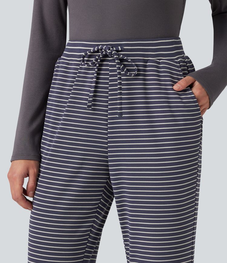 Pantalon bootcut décontracté taille mi-haute en maille côtelée à rayures, à cordon, avec poches
