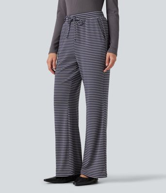 Pantalon bootcut décontracté taille mi-haute en maille côtelée à rayures, à cordon, avec poches