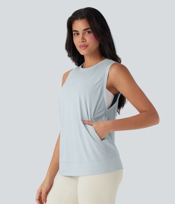 Cool Touch Yoga-Tanktop mit Rundhalsausschnitt und Seitentaschen – UPF 50+