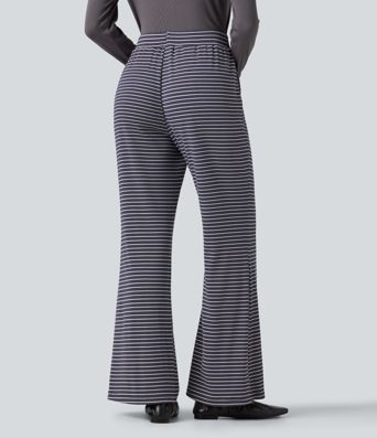 Pantalon bootcut décontracté taille mi-haute en maille côtelée à rayures, à cordon, avec poches