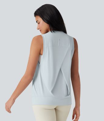 Cool Touch Yoga-Tanktop mit Rundhalsausschnitt und Seitentaschen – UPF 50+