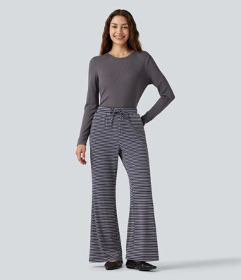 Pantalon bootcut décontracté taille mi-haute en maille côtelée à rayures, à cordon, avec poches