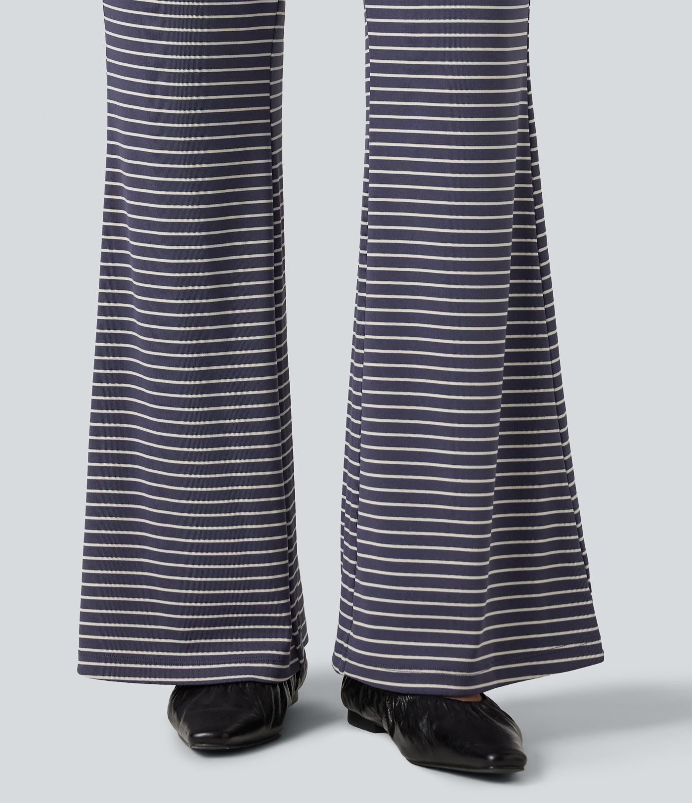 Pantalon bootcut décontracté taille mi-haute en maille côtelée à rayures, à cordon, avec poches