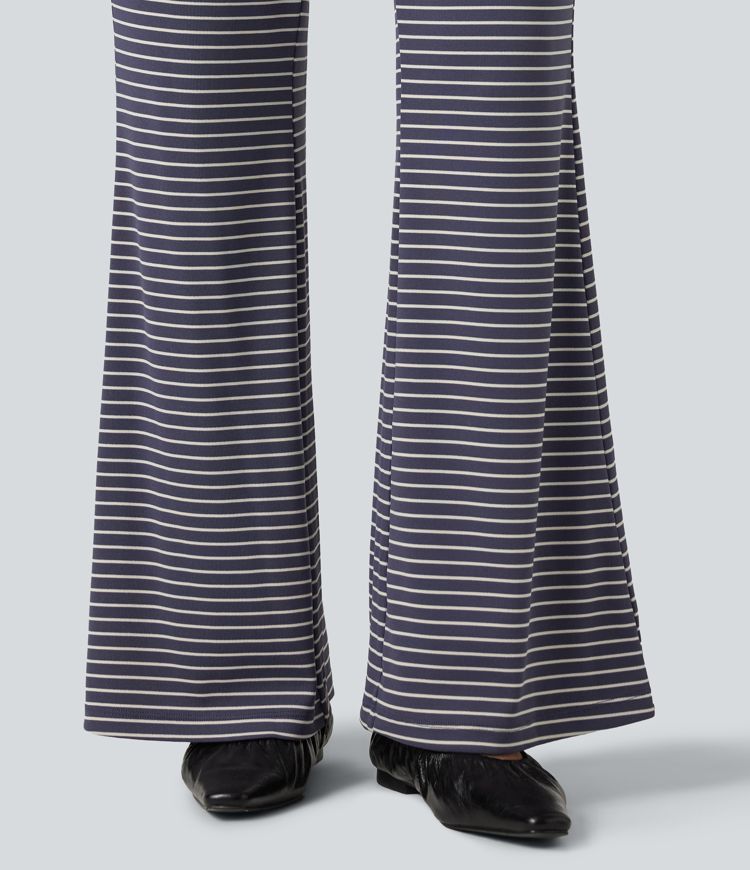 Pantalon bootcut décontracté taille mi-haute en maille côtelée à rayures, à cordon, avec poches