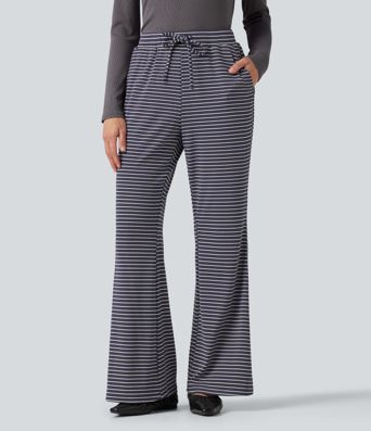 Pantalon bootcut décontracté taille mi-haute en maille côtelée à rayures, à cordon, avec poches