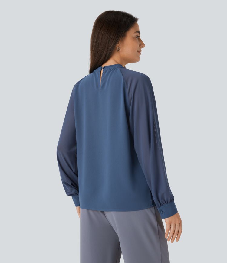 Stand Collar Keyhole Back Contrast Mesh Raglan Sleeve Work Blouse