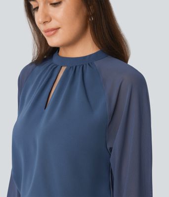 Stand Collar Keyhole Back Contrast Mesh Raglan Sleeve Work Blouse
