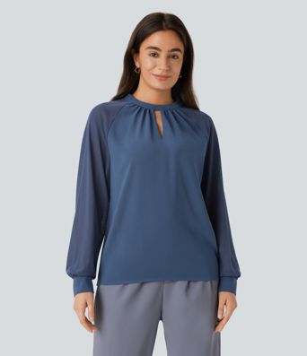 Stand Collar Keyhole Back Contrast Mesh Raglan Sleeve Work Blouse