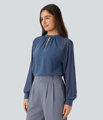 Stand Collar Keyhole Back Contrast Mesh Raglan Sleeve Work Blouse