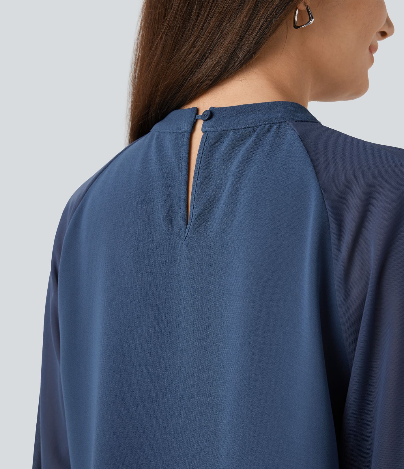Stand Collar Keyhole Back Contrast Mesh Raglan Sleeve Work Blouse