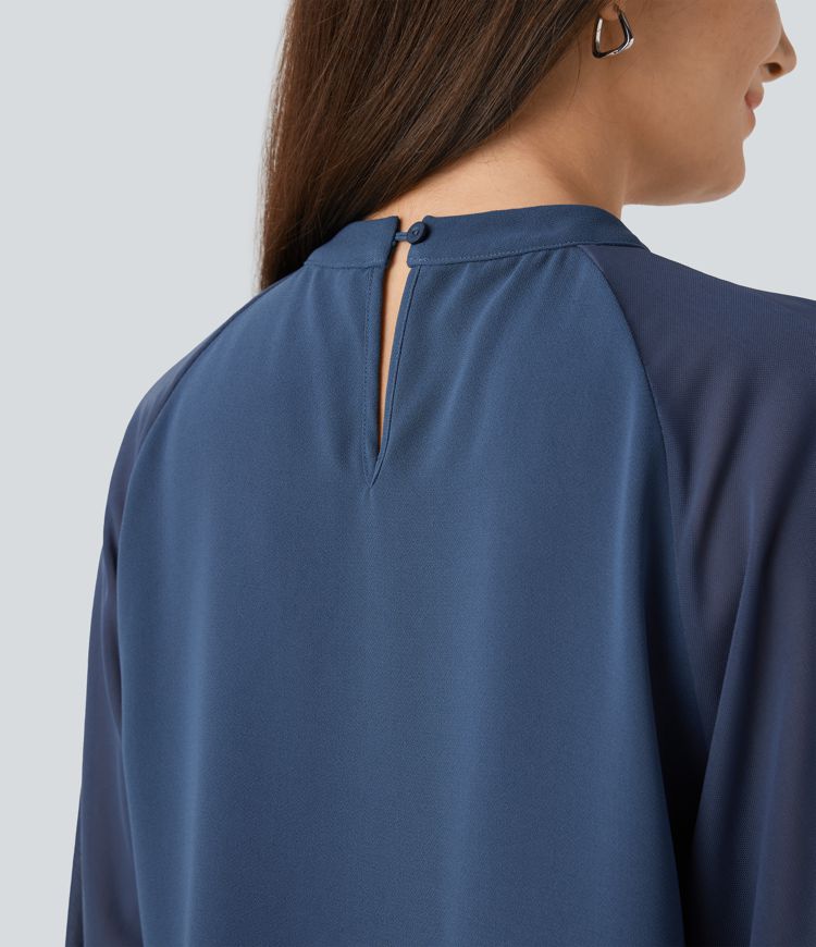 Stand Collar Keyhole Back Contrast Mesh Raglan Sleeve Work Blouse