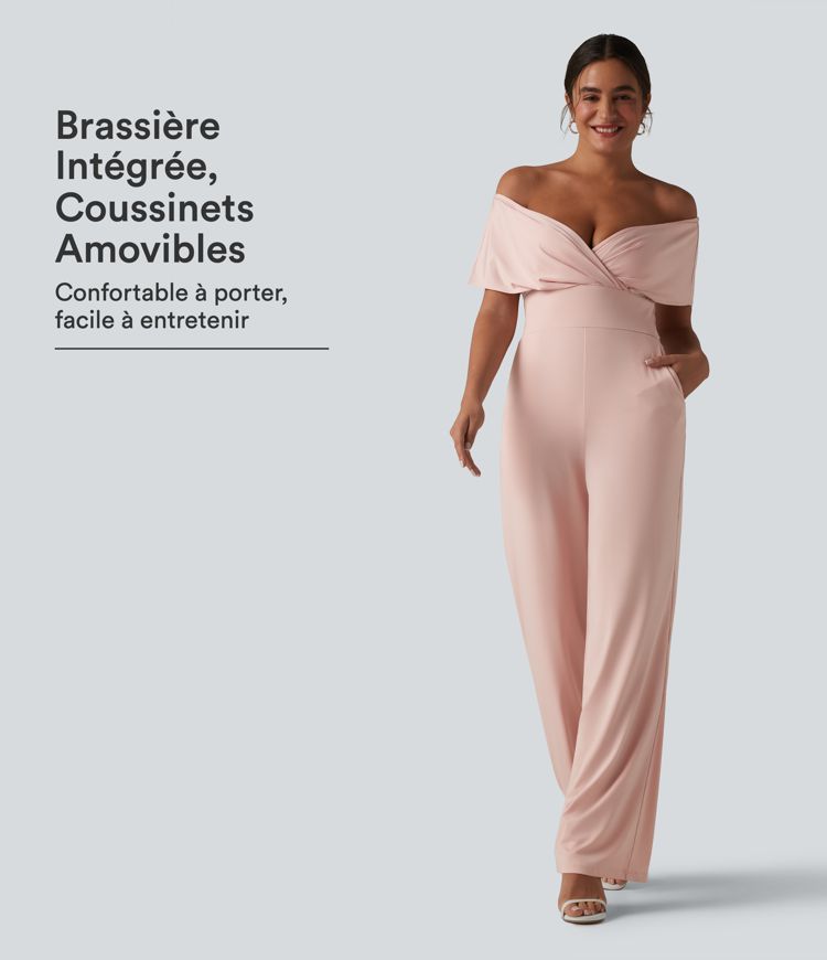 Combinaison casual épaules dénudées avec coussinets amovibles, manches courtes et poches Combinaison casual épaules dénudées avec coussinets amovibles, manches courtes et poches