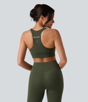 Halara UltraSculpt™ treningowy stanik sportowy z kieszenią — średnie wsparcie, kolorowe panele (color block), racerback, wbudowany biustonosz