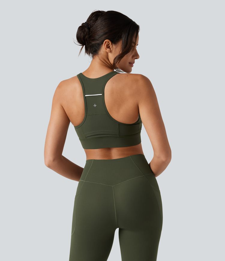 Halara UltraSculpt™ treningowy stanik sportowy z kieszenią — średnie wsparcie, kolorowe panele (color block), racerback, wbudowany biustonosz