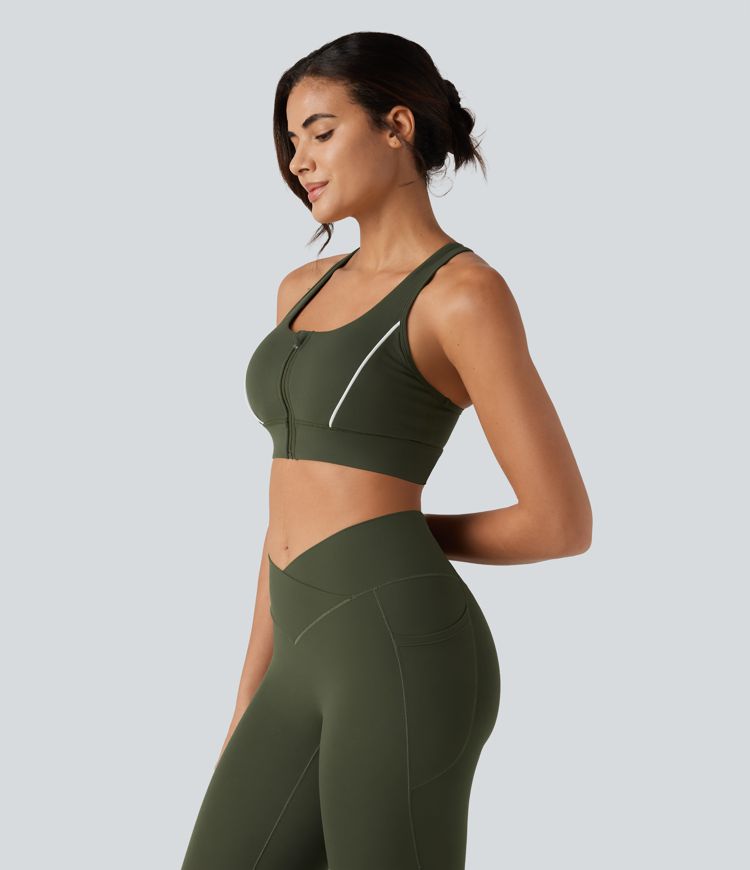 Halara UltraSculpt™ treningowy stanik sportowy z kieszenią — średnie wsparcie, kolorowe panele (color block), racerback, wbudowany biustonosz