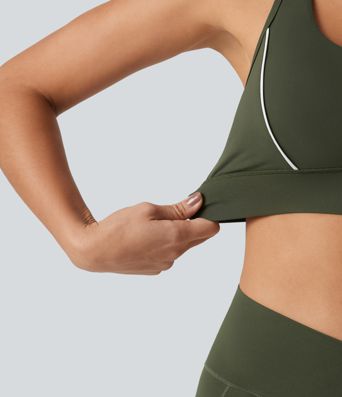 Halara UltraSculpt™ treningowy stanik sportowy z kieszenią — średnie wsparcie, kolorowe panele (color block), racerback, wbudowany biustonosz