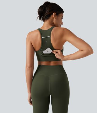 Halara UltraSculpt™ treningowy stanik sportowy z kieszenią — średnie wsparcie, kolorowe panele (color block), racerback, wbudowany biustonosz