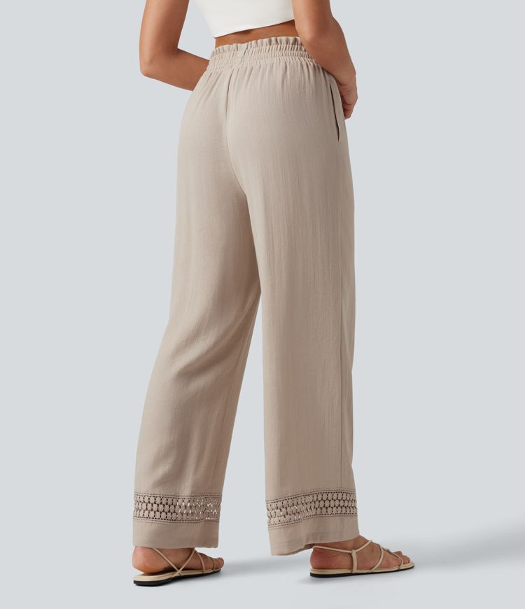 High Waisted Drawstring Casual Linen-Feel Pants with Pockets