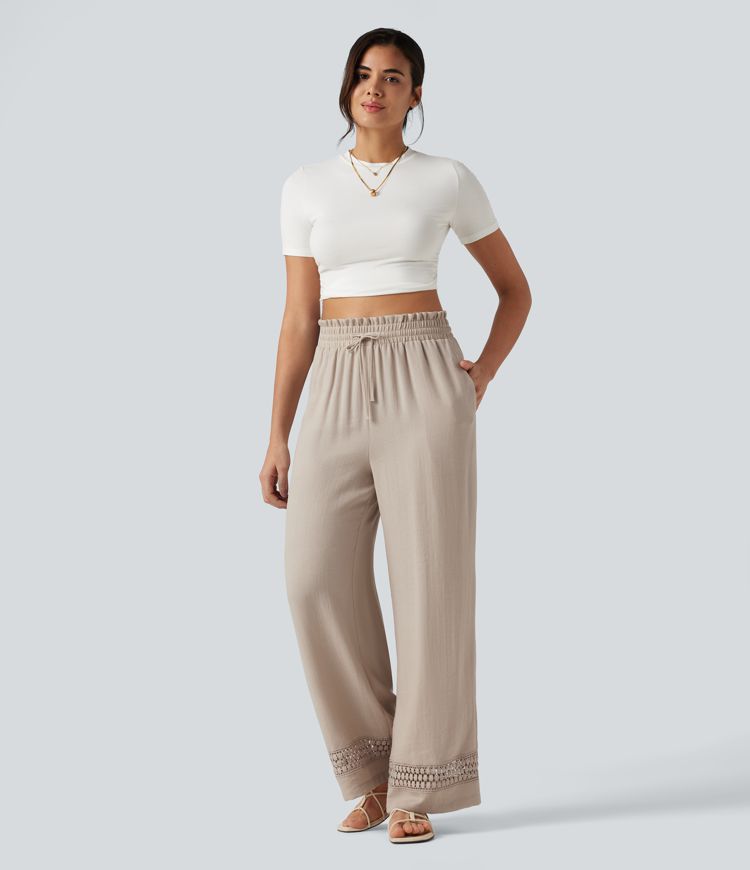 High Waisted Drawstring Casual Linen-Feel Pants with Pockets