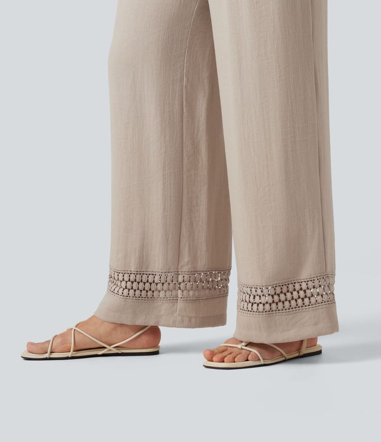 High Waisted Drawstring Casual Linen-Feel Pants with Pockets