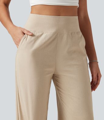 High Waisted Casual Stretch Linen Joggers with Pockets