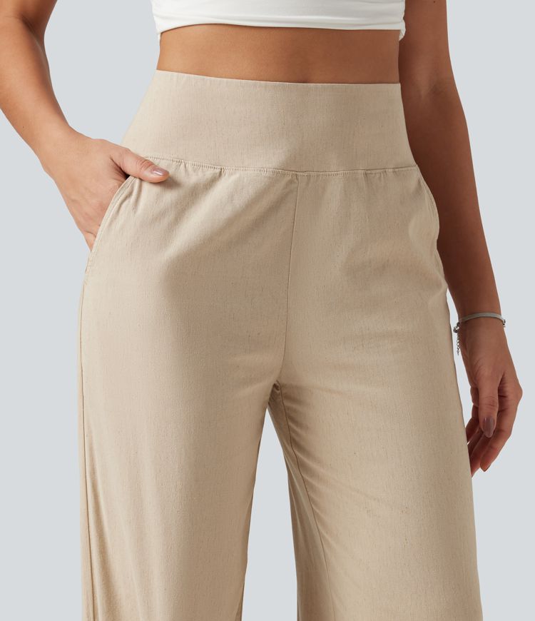 High Waisted Casual Stretch Linen Joggers with Pockets
