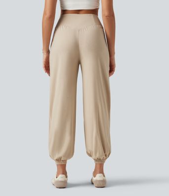 High Waisted Casual Stretch Linen Joggers with Pockets