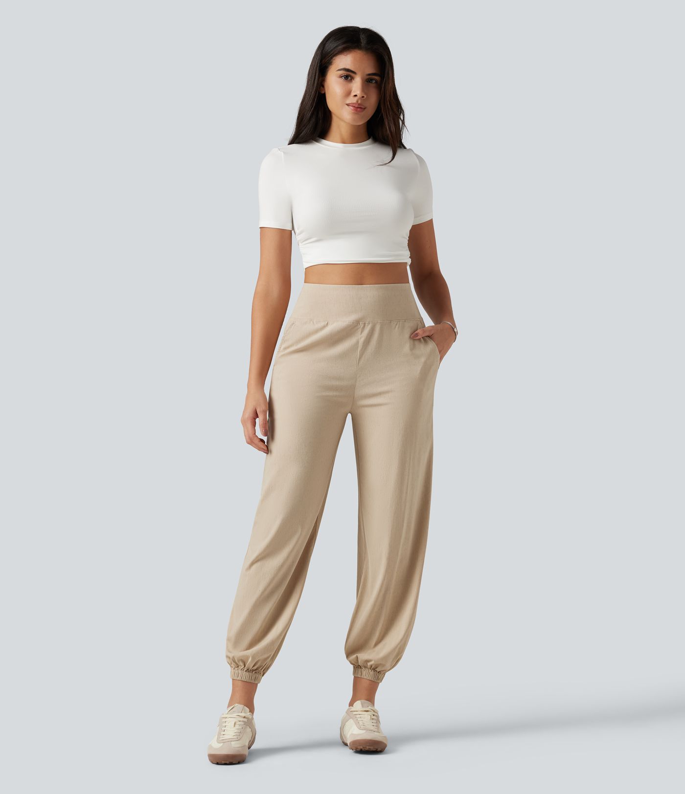 High Waisted Casual Stretch Linen Joggers with Pockets