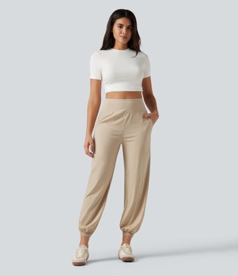 High Waisted Casual Stretch Linen Joggers with Pockets