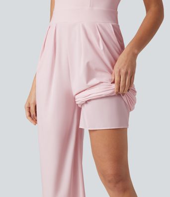 V-Neck Backless Invisible Zipper 2-in-1 Casual Slip Baggy Jumpsuit with Pockets