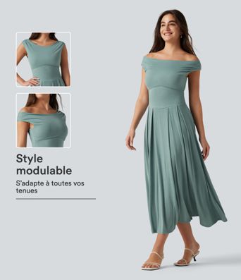 Robe midi casual fluide côtelée gainante à épaules dénudées Robe midi casual fluide côtelée gainante à épaules dénudées