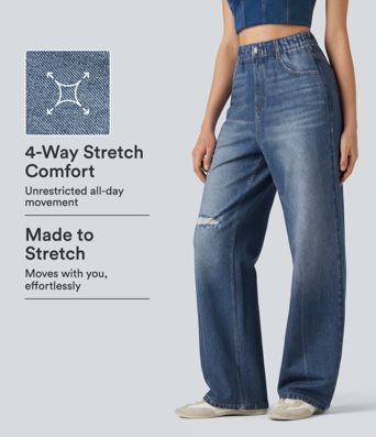 High Waisted Denim Print French Terry Casual Sweatpants Jeans with Pockets