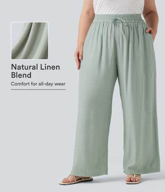 Plus Size High Waisted Drawstring Wide Leg Casual Linen-Blend Pants with Pockets Plus Size High Waisted Drawstring Wide Leg Casual Linen-Blend Pants with Pockets