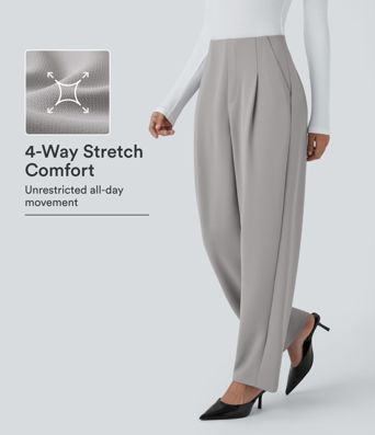 Pantalon décontracté barrel droit en crêpe, taille haute, avec poches Pantalon décontracté barrel droit en crêpe, taille haute, avec poches
