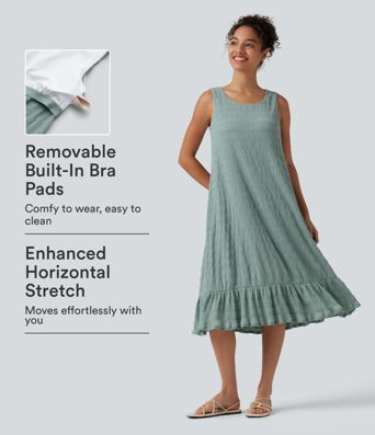Round Neck Built-in Bra Sleeveless Ruffle Hem Midi Casual Dress Round Neck Built-in Bra Sleeveless Ruffle Hem Midi Casual Dress