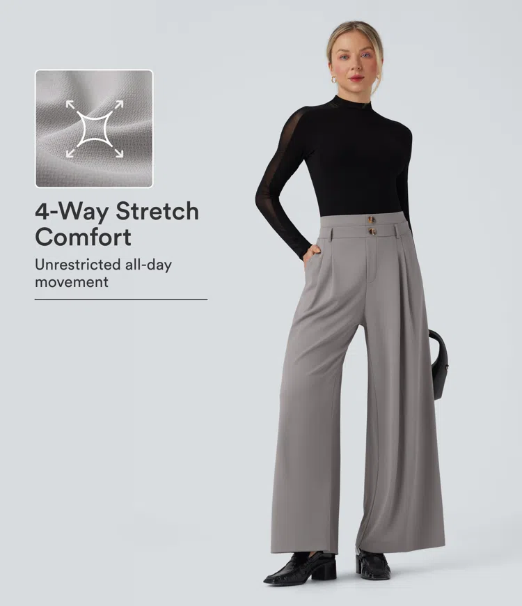 Halara Flex™ - Stoffhose aus Krepp mit hohem Doppelbund, Seitentaschen und weitem Bein