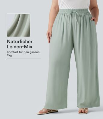 Lässige Hose aus Leinenmischgewebe mit hohem Bund, Seitentaschen, Kordelzug und weitem Bein - Plus-Size Lässige Hose aus Leinenmischgewebe mit hohem Bund, Seitentaschen, Kordelzug und weitem Bein - Plus-Size