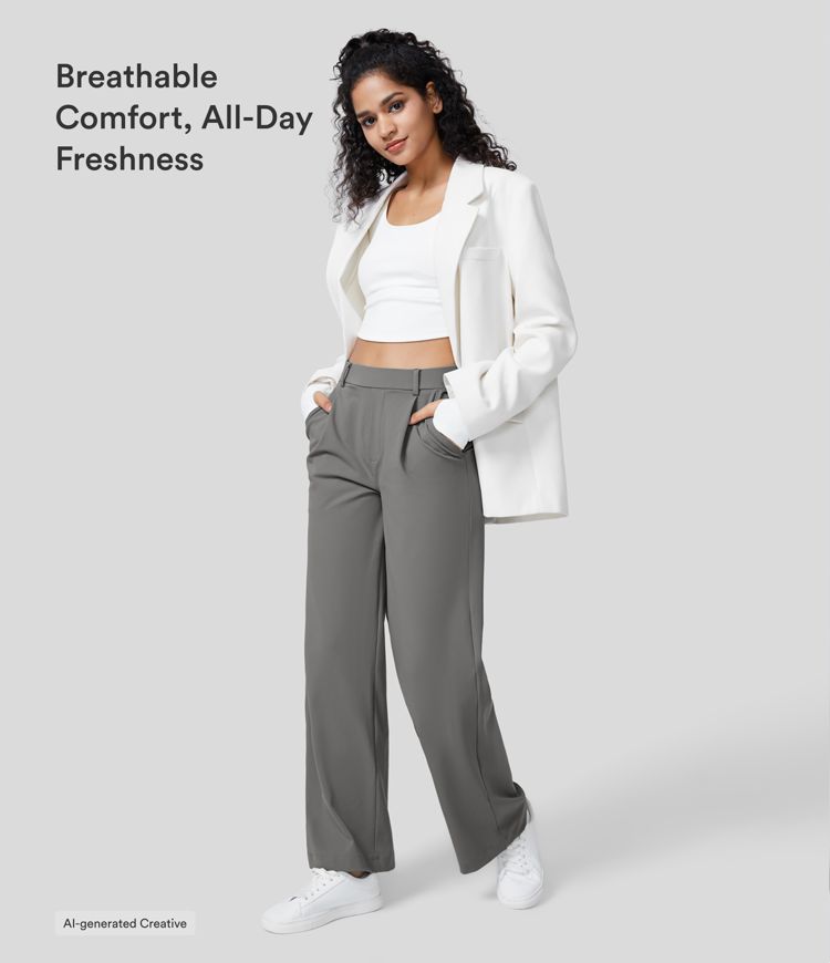 Halara Flex™ plissierte dehnbare Stoffhose mit hohem Bund, Seitentaschen und geradem Bein