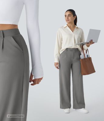 Halara Flex™ plissierte dehnbare Stoffhose mit hohem Bund, Seitentaschen und geradem Bein