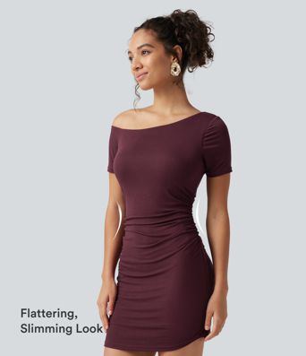 Ribbed One Shoulder Built-in Bra Short Sleeve Bodycon 2-in-1 Mini Casual Dress with Pockets-Easy Peezy Edition B-D Cups