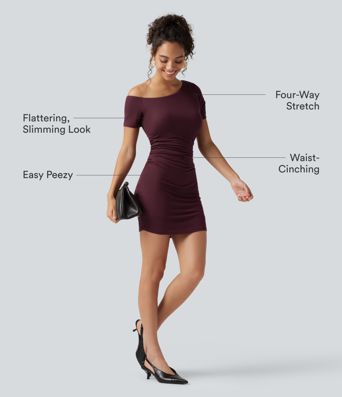 Ribbed One Shoulder Built-in Bra Short Sleeve Bodycon 2-in-1 Mini Casual Dress with Pockets-Easy Peezy Edition B-D Cups