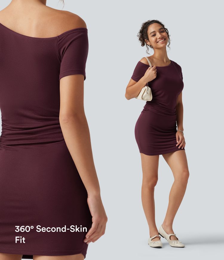 Ribbed One Shoulder Built-in Bra Short Sleeve Bodycon 2-in-1 Mini Casual Dress with Pockets-Easy Peezy Edition B-D Cups