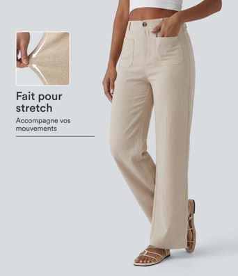 Pantalon taille haute coupe droite effet lin avec poches Pantalon taille haute coupe droite effet lin avec poches