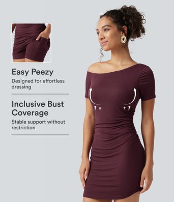 Mini robe décontractée côtelée 2-en-1 à une épaule, avec soutien-gorge intégré, manches courtes, coupe bodycon et poches — Édition Easy Peezy (bonnets B-D) Mini robe décontractée côtelée 2-en-1 à une épaule, avec soutien-gorge intégré, manches courtes, coupe bodycon et poches — Édition Easy Peezy (bonnets B-D)