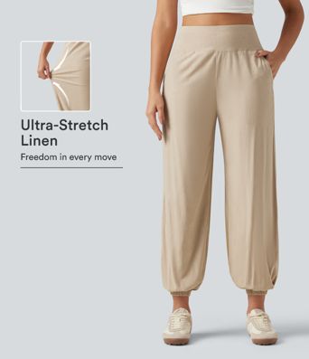 High Waisted Casual Stretch Linen Joggers with Pockets