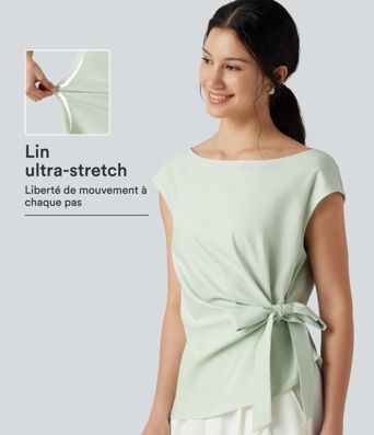 Blouse casual col bateau en mélange de lin à [manches cap] nouée sur le côté